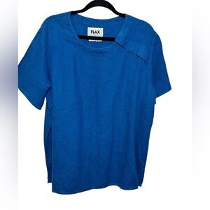 Flax Blue Linen Blouse Button Shoulder‎ Scoop Neck Size Medium Side Slit Preppy